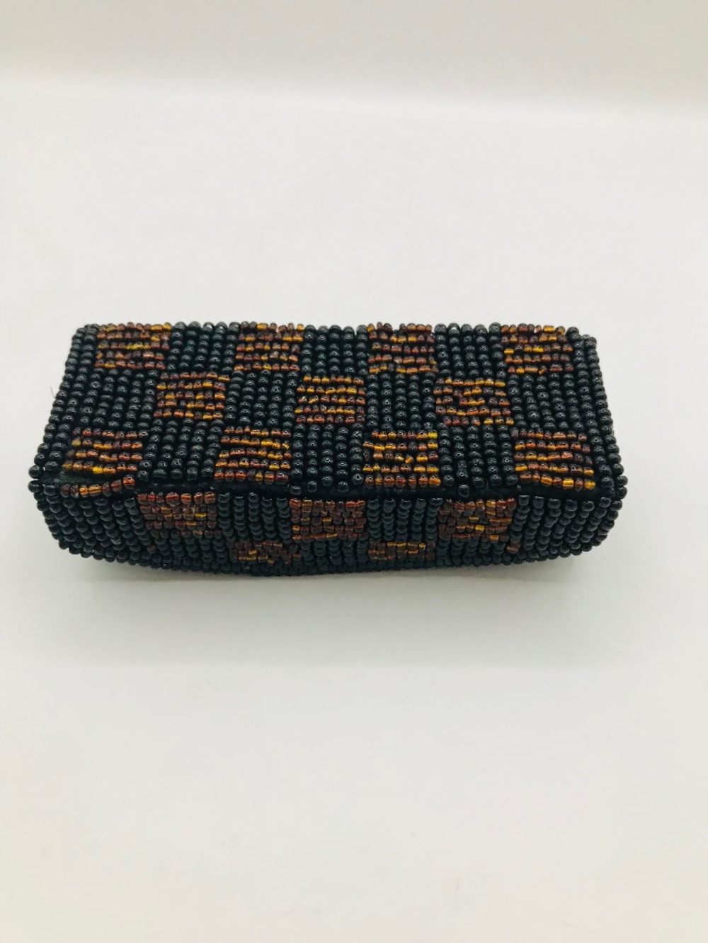 Lipstick case with mirror black amber/rust beads new vintage fits most lipsticks